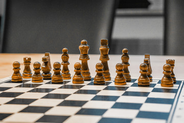 black and white chessboard with chessmen (game)