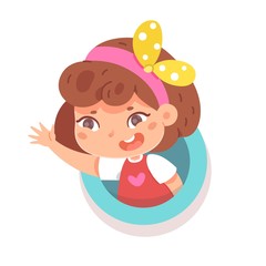 Cute little girl waves her hand from window