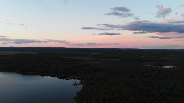 Sunset white nights, Lake Gimolskoe (Republic of Karelia, Russia) aerial view