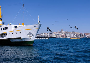Naklejka premium view of the ship in the port and the city center of Istanbul