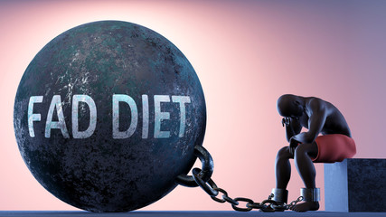 Fad diet as a heavy weight in life - symbolized by a person in chains attached to a prisoner ball to show that Fad diet can cause suffering, 3d illustration