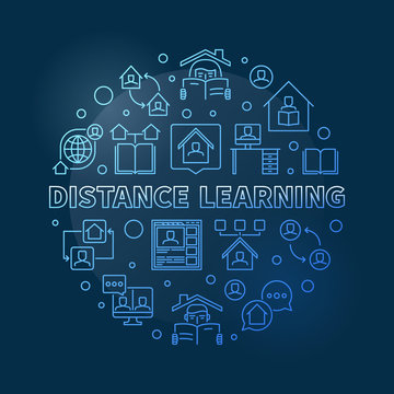 Distance Learning vector concept round thin line blue illustration on dark background