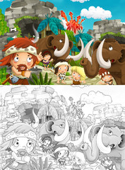 Cartoon sketch scene with prehistoric cavemen- illustration