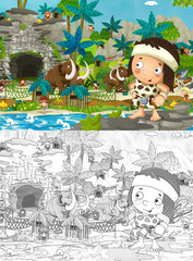 Fototapeta premium Cartoon sketch scene with prehistoric cavemen- illustration
