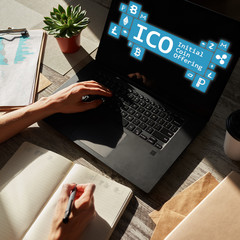 ICO - initial coin offering. Cryptocurrency, Blockchain. Fintech, modern financial technology...