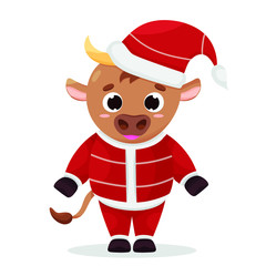 Christmas baby bull in red santa claus suit