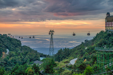 Aerial view of landscape is castles covered with fog at the top of Bana Hills, the famous tourist...