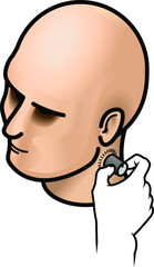 Hand turning a know on the side of a head. Concept: adjust volume, adjust gossip or communications.