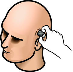 Hand turning a know on the side of a head. Concept: adjust intelligence, insights, thinking or problem solving ability.