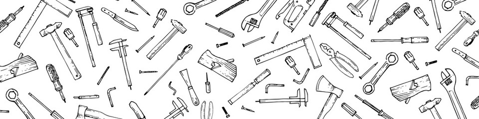 Handyman's tool. Outline hand drawing. Isolated vector objects on a white background. A sketch with a felt-tip pen, ink on paper. The tools are universal. Sketch. - obrazy, fototapety, plakaty