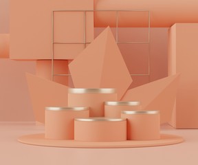 3d Abstract background of empty podium display for products and cosmetic presentation and mock up. Pink coral color pedestal or showcase with minimal geometry shapes. Colorful scene.