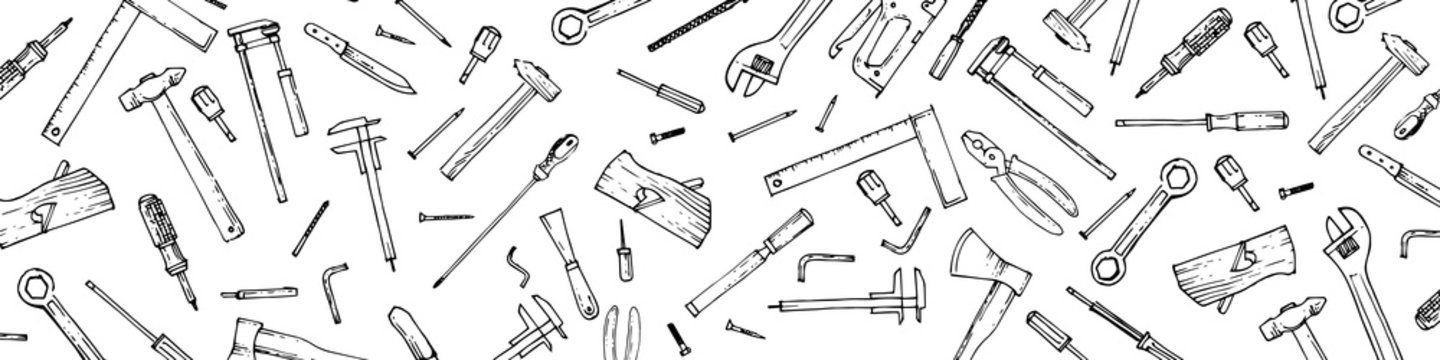 Handyman's tool. Outline hand drawing. Isolated vector objects on a white background. A sketch with a felt-tip pen, ink on paper. The tools are universal. Sketch.