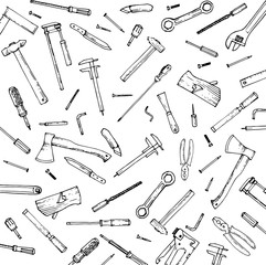 Home craftsman's tool. Outline hand drawing. Isolated vector objects on a white background. A sketch with a felt-tip pen, ink on paper. The tools are universal. Sketch.