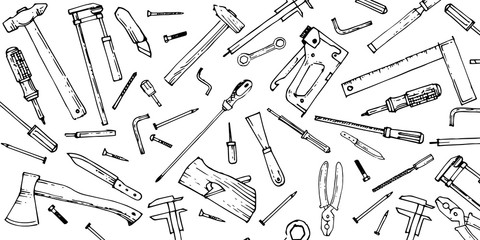 Handyman's tool. Outline hand drawing. Isolated vector objects on a white background. A sketch with a felt-tip pen, ink on paper. The tools are universal. Sketch.