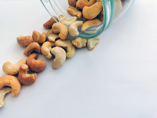 cashew on white table closeup background