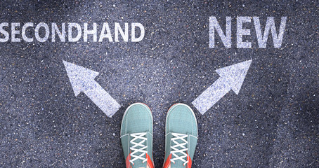 Secondhand and new as different choices in life - pictured as words Secondhand, new on a road to symbolize making decision and picking either Secondhand or new as an option, 3d illustration