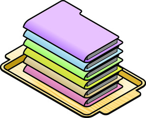 Concept: a file server. A stack of multicolor folders / files on a wood grain serving tray.