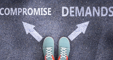 Compromise and demands as different choices in life - pictured as words Compromise, demands on a road to symbolize making decision and picking either one as an option, 3d illustration