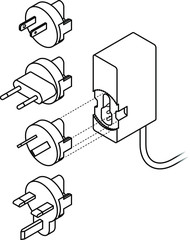 International power supply / transformer with interchangeable plugs. Line art.