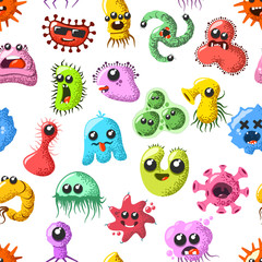 Obraz premium Funny and cute virus, bacteria, germ cartoon characters seamless pattern. Microbe and pathogen microorganism background.