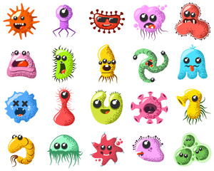 Funny and cute virus, bacteria, germ cartoon character set. Microbe and pathogen microorganism isolated on white background.