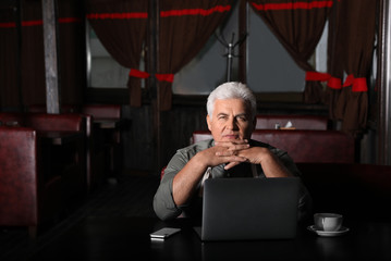 Obraz na płótnie Canvas Senior business owner working with laptop in his restaurant