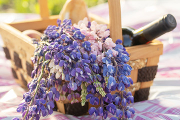 Summer outdoor recreation. Basket with flowers and fruit.