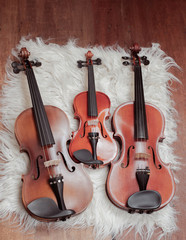 Fototapeta na wymiar Three violins put on background,show detail and different size of acoustic instrument