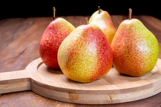 Fresh ripe red yellow forelle pears fruit from Germany