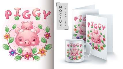 Cute pig with baby - poster and merchandising.
