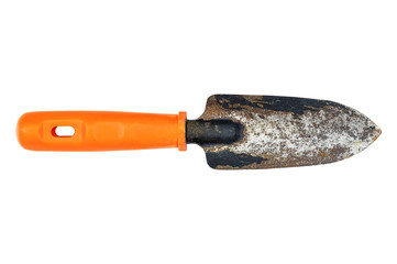 Old rusty grunge metal gardening shovel isolated on white background with clipping path