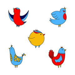 Colourful vector set of funny birds, flat illustrations, hand drawn