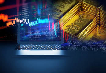 Fototapeta premium stack of shiny gold bars on financial gold price graph 3d illustration