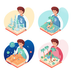 Boy read educational pop-up book isolated set