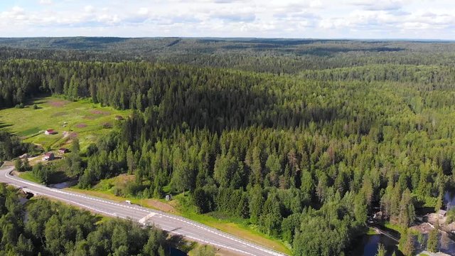 Forest Highway Road near Ruskeala waterfalls (Karelia, Russia) aerial view