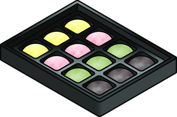 A box of 12 mochi (Japanese rice cakes) - assorted flavors.