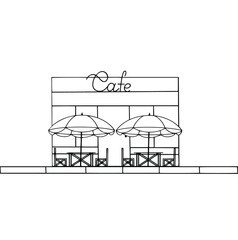 Street cafe, tables on the street, tables under umbrellas, city cafe. Vector hand-drawn illustration, linear illustration.