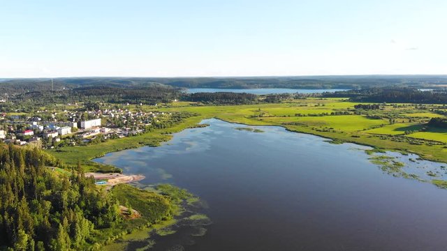 Sortavala town Lake River (Republic of Karelia Russia) aerial view drone footage