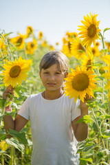 A young teenage girl stands in a field surrounded by sunflowers
