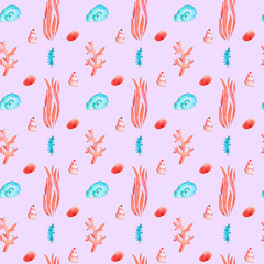 Algae and seaweed watercolor illustrations. Handdrawn sealife seamless pattern. Colorful bright background
