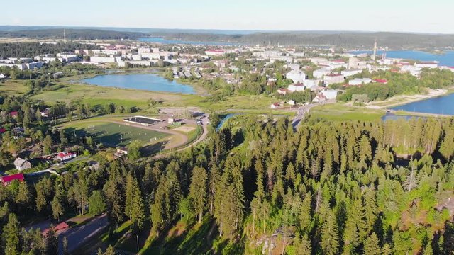 Sortavala town Stadium, Lake, River (Republic of Karelia, Russia) aerial view