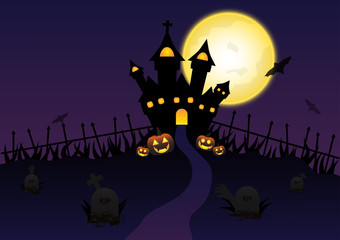 happy halloween background concept with house, full moon and pumpkin, creative design vector illustration