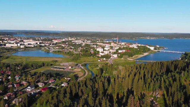 Sortavala town Stadium, Lake, River (Republic of Karelia, Russia) aerial view