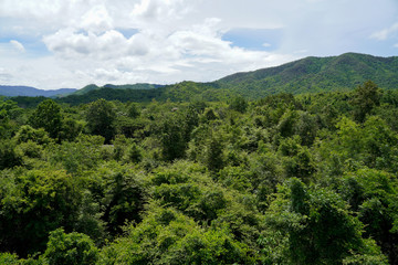 Beautiful view rainforest against sunlight in morning,peak view with blue clouds sky evergreen foreat in Thailand.