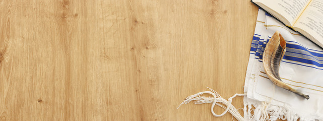 religion image of Prayer book and Shofar (horn) jewish religious symbols. Rosh hashanah (jewish New...