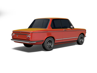 Plakat 3D rendering red classic car with tinted windows rear view on white background with shadow