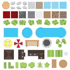 Collection of landscape design elements vector illustration. Landscape elements set. House, trees, bushes, paths and pools. View from above.