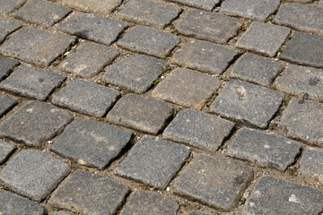 Abstract background of old cobblestone pavement close-up