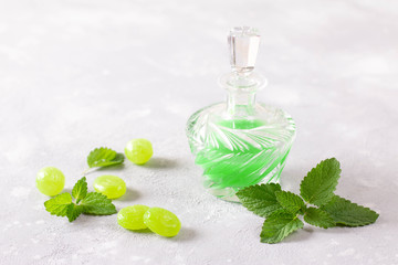 The mint extract in a jar and mint candies. Copy space.