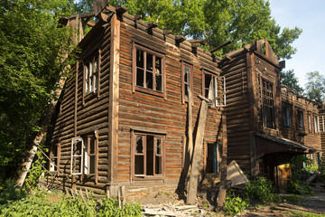 window of an old wooden house dust on the glass